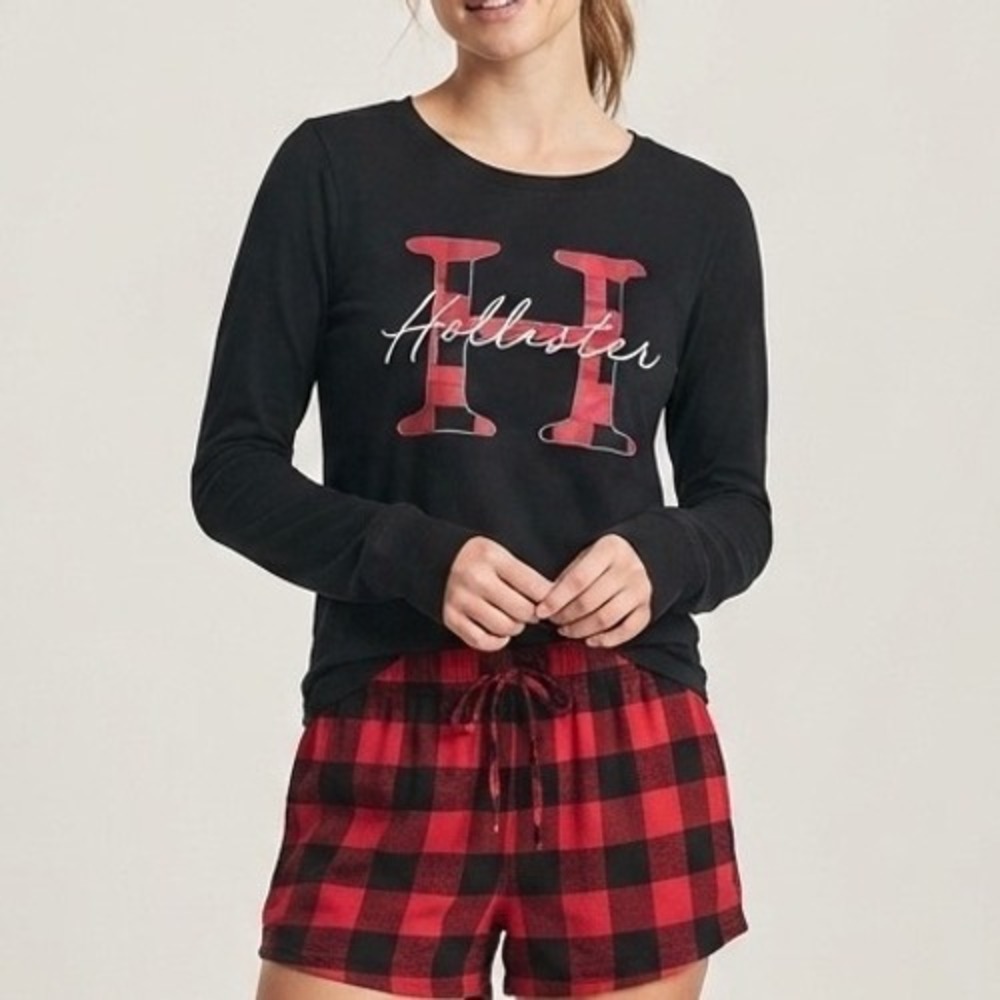 Hollister Womens Black Buffalo Plaid Logo Long Sleeve Sleep Top XXS Pajama Shirt